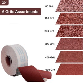 Sand Paper Roll 6 Grits, 1'' x 19.7' Emery Cloth Roll, 80 150 240 320 400 600 Grit Sandpaper Assortment, Dry or Wet Sanding Paper for Metal Automotive Furniture Wood Lathe Accessories (No Box)