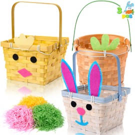 JOYIN 3 Pcs Easter Bamboo Baskets, Bunny Chick Carrot Baskets with Folding Handle & 150g Easter Raffia Paper Grass, Pink, Yellow & Orange Empty Gift Basket for Baby Girls Boys First Easter