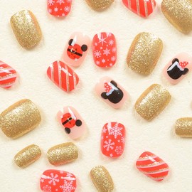 24Pcs Christmas Press on Nails Short Square Red Fake Nails Gold Glitter with Cartoon Snowflake Full Cover Glue on Nails Glossy Petite Nails Winter Holiday False Nails for Women Girls Acrylic Nails