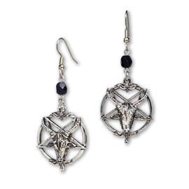 Baphomet Satanic Goat Head Inverted Pentagram Silver Finish Dangle Earrings