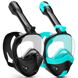Full Face Snorkel Mask, Snorkeling Gear for Adults Kids with Latest Dry Top Breathing System and Detachable Camera Mount, with 180 Degree Panoramic View (Black Green+Black, S/M)