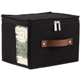 VinneGenzz Storage Bins with Zipper Lid Fabric Storage Box Basket with Side Clear Window PU Leather Handles Decorative Collapsible Washable Shelf Closet Clothes Organizer Container (Black, Small)