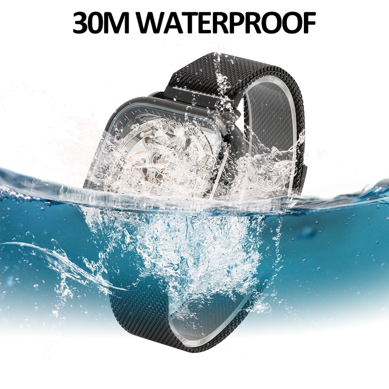 FORSINING Stainless Steel Strap Waterproof Hollow Automatic Mechanical Men WatchBlack