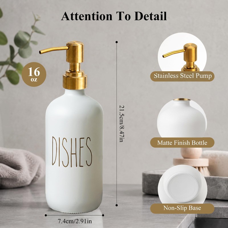 Matte White Glass Dish Soap Dispenser 16Oz with Gold Stainless