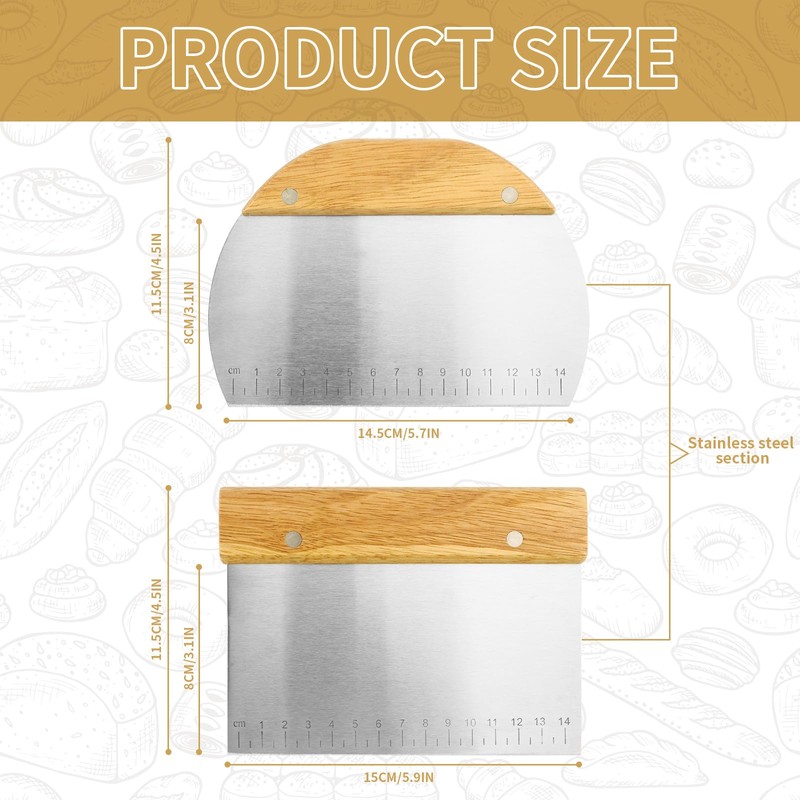 Zosenyer 2PCS Teigschaber Edelstahl, Teigkarte Set mit Rutschfestem Holzgriff, Pizzamesser