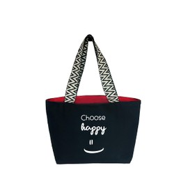 hello-bags Ladies Premium Canvas Bag With Outer Zipper, Interior Zip Pocket And Red Canvas Lining. Gift Wrapped, Choose Happy Black