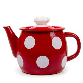 VERYKE Tea Brewer Enameled Steel Teapot Red White Polka-dot Enamelware Teapot 1.1-qt. (1 L) Kitchen Teapot.