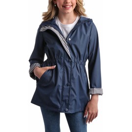 URBAN REPUBLIC Girls' Rain Jacket - Lightweight Waterproof Slicker Shell Hooded Raincoat for Travel, Hiking, and Golf (7-16), Size 10-12, Dark Navy Blue