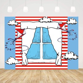 Ticuenicoa Cartoon Window Backdrops for Photography Kids Birthday Party Background 5x3ft Blue Red Kite Striped Kids Party Backdrop Boys Girls 1st Birthday Decorations Cake Table Banner Show Photo Booth Props