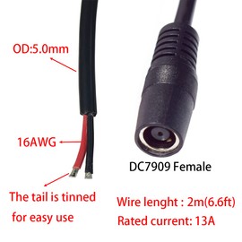 3PCS 6.6ft DC7909 Power Pigtails Cable, 12V 24V DC 8mm Female Plug to Bare Wire Open End Power Wire Supply Repair Cable, 16AWG DC 7.9 x 5.5mm Barrel Connector Pigtail for Solar Cell, Laptop Power