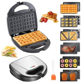 6 in 1 Waffle Iron Set, Panini Press Grill and Electric Sandwich Maker with Removable Non-Stick Plate, Ideal for Cooking Grilled Cheese, Tuna Melts, Burgers