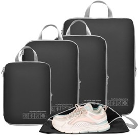 Cambond Compression Packing Cubes for Travel, 5 Pack Luggage Expandable Packing Organizers Compression Cubes for Suitcases with Shoe Bag (Black)