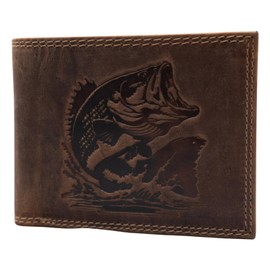 C&D SALES RFID-Protected Bifold Wallet for Men - Full-Grain Hunter Leather, Laser-Engraved Fish Design, 15 Card Slots, 2 Note Compartments with Suede Lining, 1 ID Window