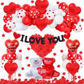 Valentines Day Decorations Heart Balloons: Red and White Balloons with Red Heart Love-Bear Foil Balloons, I Love You Banner, Fake Rose Petals Décor for Anniversary, Proposal, Galentines Decorations