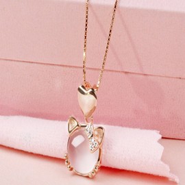 YOUMIYA Women's Gift Love Cat Pendant Necklace - Rose Gold Heart Pink Crystal Cat Quartz Stone Pendant Romantic Birthday Anniversary Wedding Gift (Rose Gold)