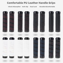 Bicycle Handlebar Grips Comfortable PU Leather Double Lock-On Locking Handle Bar Cover Grips with End Plugs for Road Mountain MTB BMX Bikes Scooter,1 Pair of Black+Red