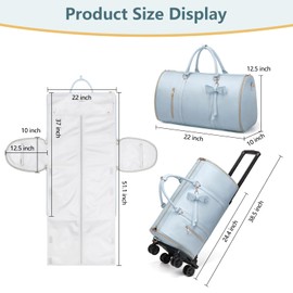 STHMEOOHT Rolling Garment Bag with Wheels, Luxury Travel Garment Duffle Bag for Women, 3-in-1 Convertible Suit Carry On Garment Bag for Travel PU Leather Luggage Bag for Business w/Shoe Pouch, Blue
