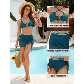 BMJL Womens High Waisted Bikini Sets Mesh Swim Skirt Tummy Control Swimsuits Color Block Bathing Suit 2025(XL,Blue Green)