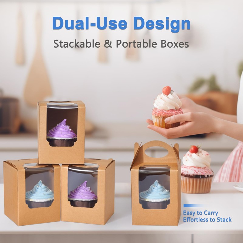 Shallive Cupcake Boxes 12pcs, Individual Cupcake Containers Brown with Window