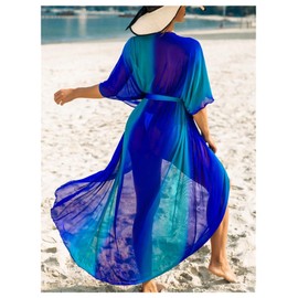 OYOANGLE Women's Ombre Sheer Belted Long Beach Kimono Cover Ups Lightweight Cardigans Resort Wear, Blue, Small