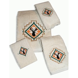 1888 Mills USA Made Towels Natural Color 4 Piece Set, with Up North Big Buck Embroidered Design, 100% Cotton Towels