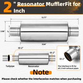 A-KARCK 2.5" Inlet Exhaust Resonator, 2.5" Inlet 2.5" Outlet 13.8" Overall Length Muffler Resonator Stainless Steel Polished