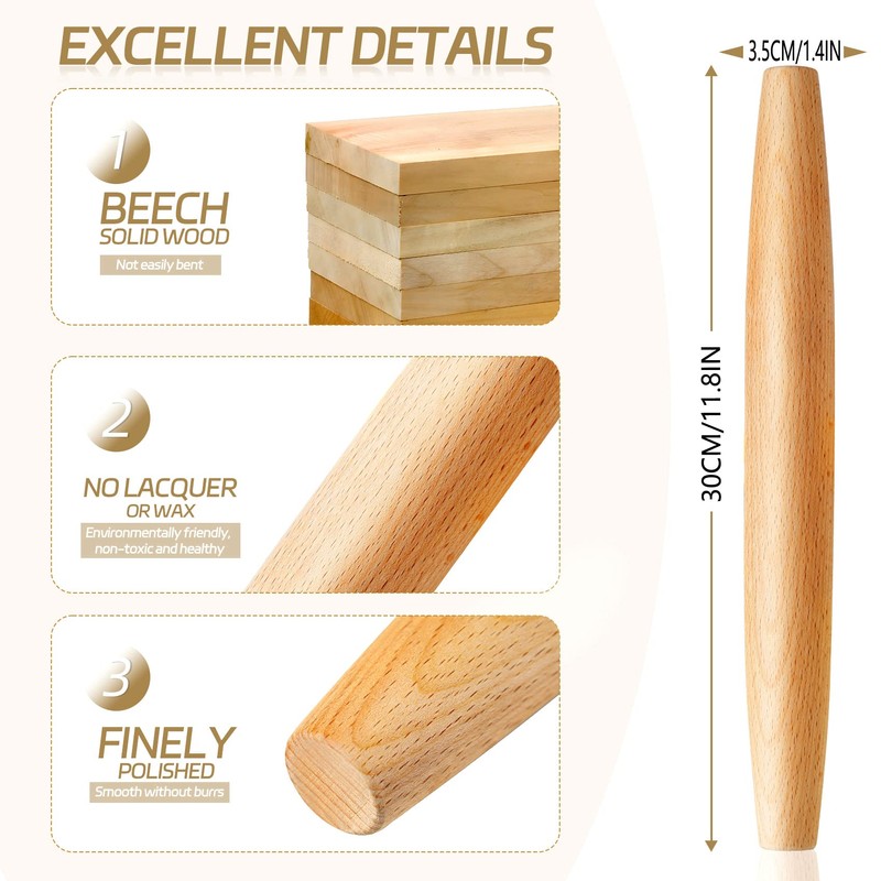 French Rolling Pin for Baking –11.8inch Natural Beech Wood Rolling