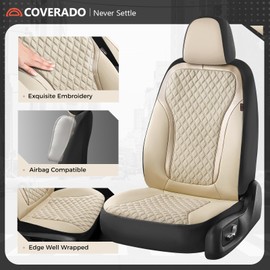 Coverado Car Seat Covers Full Set, Beige Car Seat Covers, Luxury Leather Car Seat Cover with Carbon Fiber Textured Design, Spill-Proof Seat Cushions, Automotive Seat Cover Universal Fit Most Cars