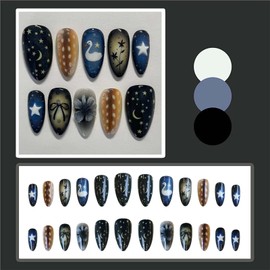 ONPRESS 24Pcs Gothic Press on Nails Medium Almond Fake Nails Dark Star Moon Bow False Nails Y2K Swan Flower Full Cover Glue on Nails Spring Summer Floral Glossy Acrylic Stick on Nail for Women Decor