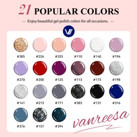 VANREESA 24 Pcs Gel Nail Polish Set, 21 Colors Gel Polish with Base Coat Glossy & Matte Top Coat Nude Pink Red Purple Gray Blue Glitter Gel Polish Kit Nail Kit Gifts for Women Girls