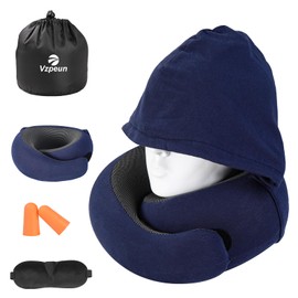 Vzpeun Travel Pillow - Hooded Neck Pillow Airplane Memory Foam Filling for Plane, Office, Cars Sleeping, Road Trip, Long Flights, Portable Plane Accessories, Includes Eye Mask & Earplugs (Navy)