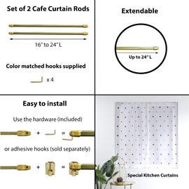 Small Cafe Curtain Rod Adjustable 16" to 24" Set of 2 Gold Plated
