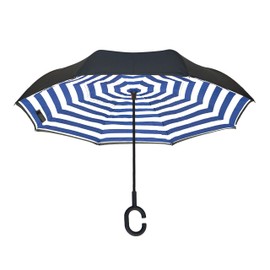 Topsy Turvy Inverted Umbrella: Windproof, UV Protection, Drip-Free, C-Shape Handle for Hand-Free Use, Self-Standing | Navy Stripes