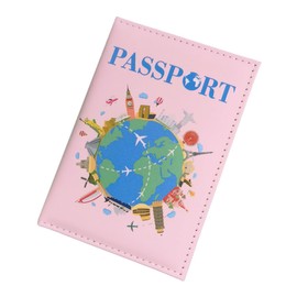 RuiChy Cartoon Earth Passport Holder, Universal PU Leather Passport Cover for Women Men, 3D Building Printed Portable Travel Wallet Case Organiser for Passport Credit Cards Boarding Passes (Pink)