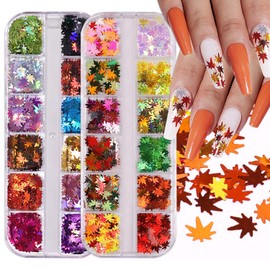 SILPECWEE 2 Boxes Fall Nail Glitter Sequins Flakes 3D Holographic Maple Leaf Nail Charms Fall Nail Stickers Decals Leaves Nail Art Glitter for Acrylic Nails Decoration