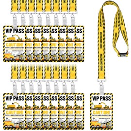MotiMind 30 Sets Construction Theme Classroom Party Favors VIP Pass with Lanyards Bulk PVC Construction Crew VIP Pass with Yellow and Black Lanyards for Birthday Back to School Party Decoration