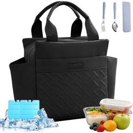 Loncheras Termica para Mujer, Bolsa del Almuerzo 10L A Prueba de Fugas, con Bolsillo Lateral - Porta Alimentos para Trabajo, Picnic, Playa, Completo con Bolsas de Hielo y Cubiertos (Negro)