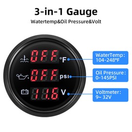 ARTILAURA Triple Gauge Set 3in1 (Oil Pressure+ Watertemp + Voltmeter) 2" 52mm AUTO Boat Gauge Kit with Sensor for Marine Black