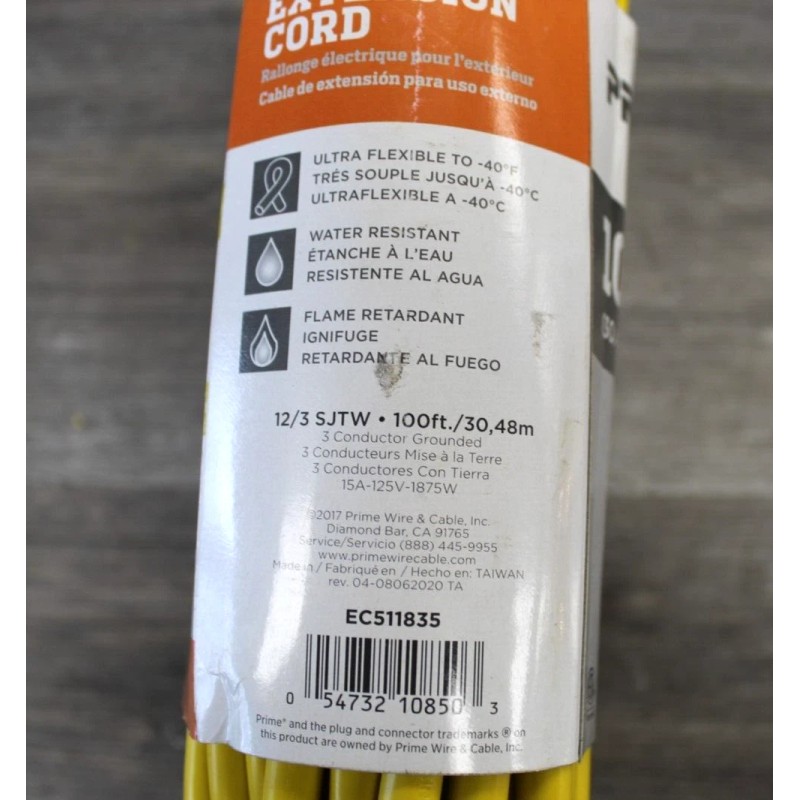 Prime Wire&Cable Sjtw 100Ft 15A 12/3-Gauge Outdoor Power Extension Cord