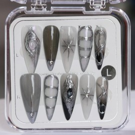 CAMILCY Handmade Nails Press on Almond Nail Pointed Green Gold Crystal Glitter Design Hand painted Reusable Gel UV Finished Pre shaped False Nails for Women 10pcs 3D Handmade Nails (A021, M)