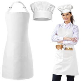 CHRI Chef's Hat Apron Set White Kitchen Apron Adjustable Cooking Apron with Pockets for Men Women Kitchen Cooking Baking BBQ, White
