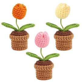 Les-Theresa 3pcs Tulip Crochet Kit, Crochet Potted Flower Handmade Crochet Starter Kit, Handmade Knitted Flower Completed Crochet Flower Kits For Beginners Adults For Home Office Desktop Car Ornament