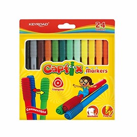 Washable Markers for Kids, Box of 24, Triangular Shape, Heavy Duty and with Connector on Lid, Ergonomic Design, Ideal for Drawing, School, Keyroad