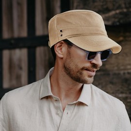 LXOrdora Men's Military Cadet Hat Flat Top Newsboy Cap Beige