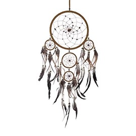 OMA Dream Catcher Wall Hanging with Tiger Eye Stones and Feathers, Brown Suede Traditional Dream Catcher Boho Home Decor Bedroom Decoration Gift Large Size - 28" Long x 9" Diameter