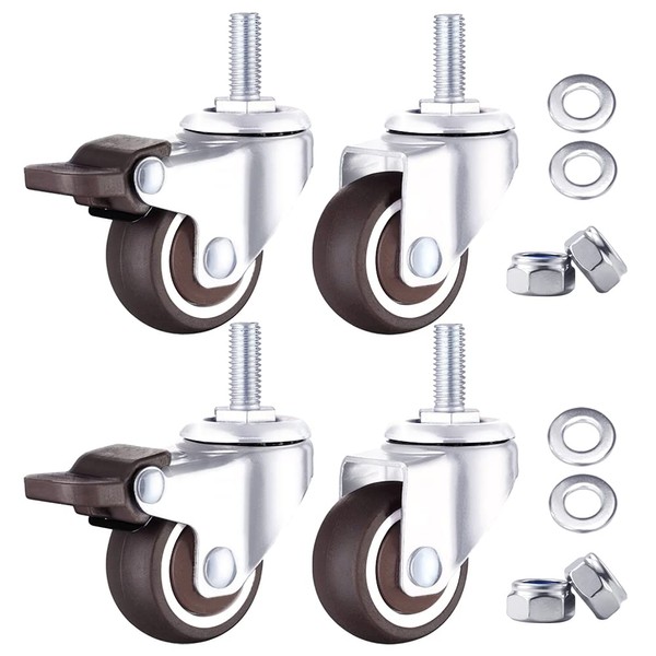 Screw Type Casters Set of 4 with Brakes, M8 Screws, 360° Rotation, Load Capacity: 176.4 lbs (80 kg), 360 Degree Rotation, Rubber Wheels, 1.5 Inch, Easy Installation, DIY (2 Free Cars + 2 Brakes)