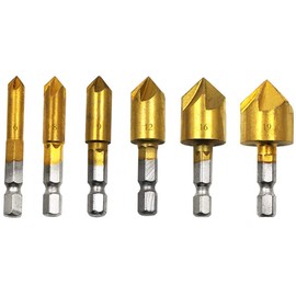 6Pcs Countersink Drill Bits,90 Degree Chamfering Drill Bit 1/4" Hex Shank Wood Drilling Bits 5 Flute HSS Titanium Coated Center Countersink Bits for Wood Quick Change Bit,6mm-19mm