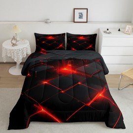 Feelyou Honeycomb Comforter Set Full Size Kids Red Black Hexagonal Comforter for Boys Teens Geometrical Bedding Set Breathable Beehive Geometric Duvet Set Room Decor Quilt Set
