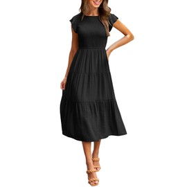 MEROKEETY Women's Summer Smocked Midi Dress Flutter Sleeve Elastic Waist Tiered Midi Long Dress,Black,S