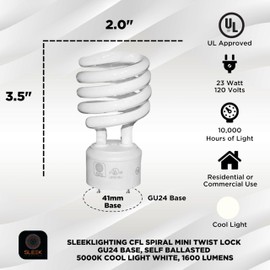 SLEEKLIGHTING Gu24 23Watt UL Listed Light Bulb Two Prong Twist 2 Pin -T2 Spiral CFL 5000K 1600lm - Day Light - 4pack